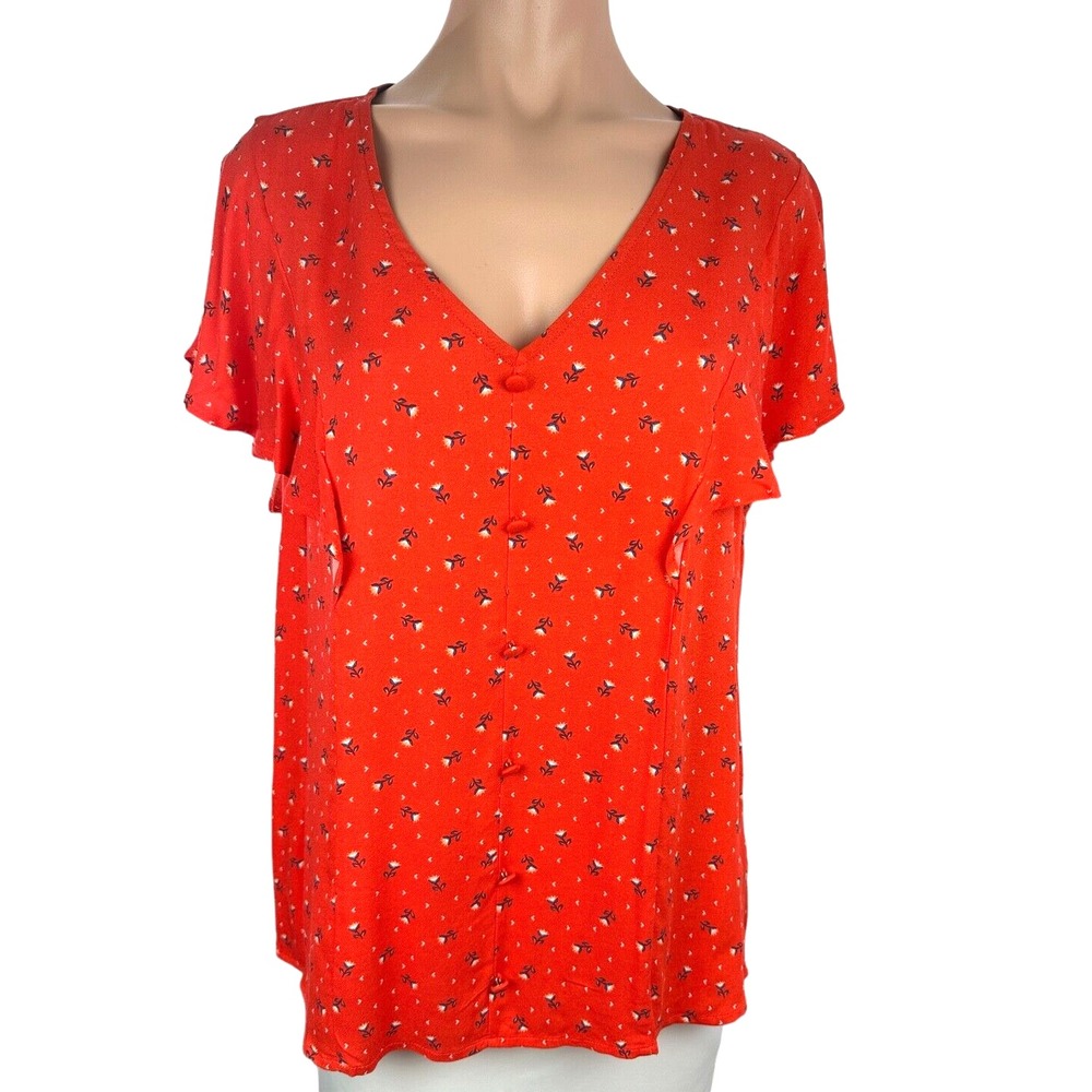 W5 Pullover Top V-Neck Red w Blue Floral Ruffled Cap Sleeve 100% Rayon Size L